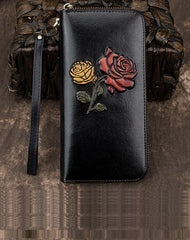 Womens Rose Flowers Red Leather Wristlet Wallets Zip Around Wallet Flowers Ladies Zipper Clutch Wallet for Women