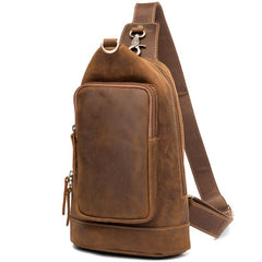 Brown Casual Leather Mens 8 inches Sling Bags Chest Bags One Shoulder Backpack for Men