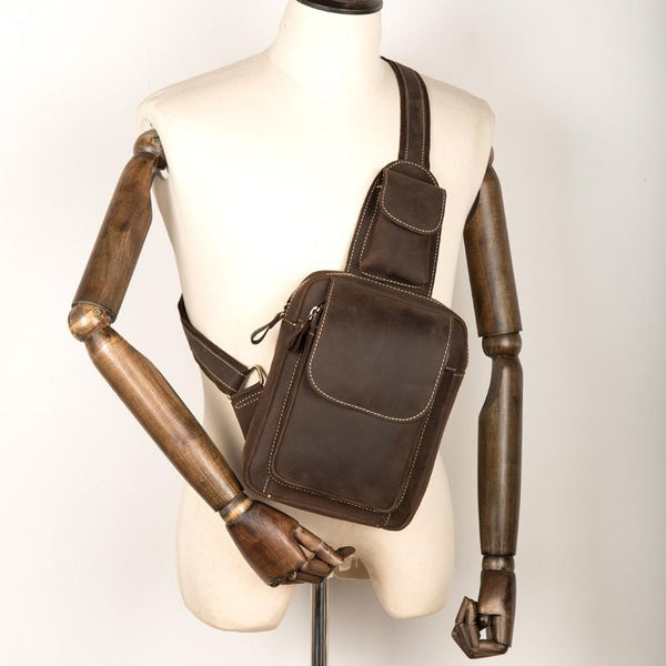 Cool Brown Leather Mens One Shoulder Backpack - Back View