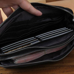 Handmade Genuine Leather Mens Cool Long Leather Wallet Zipper Clutch Wristlet Wallet for Men