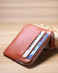 Slim Women Pink Leather Card Wallet Minimalist Zip Billfold Card Holder Wallet Coin Wallet For Women