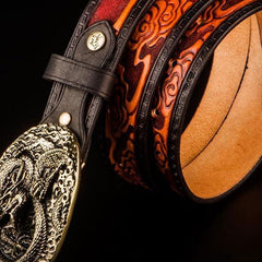 Handmade Leather Tooled Chinese Dragon Mens Belt Custom Cool Leather Men Belts for Men