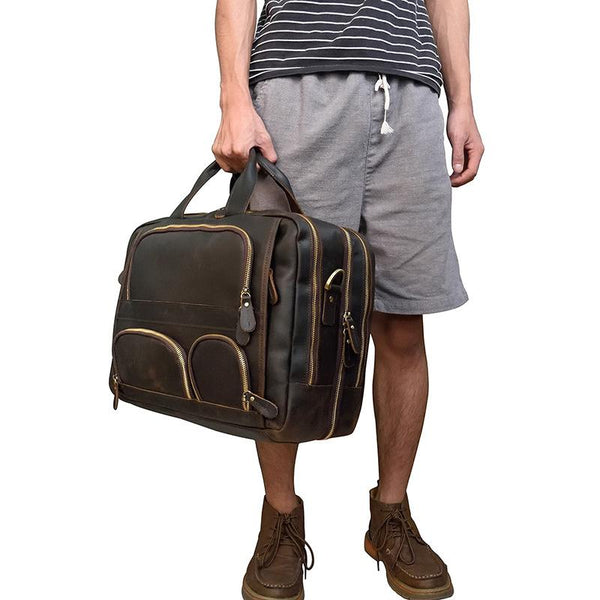 Brown Leather Mens 16 inches Laptop Work - Back View