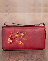 Goldfish Coffee Leather Wristlet Wallets Womens Zip Around Wallet Ladies Zipper Clutch Wallets for Women