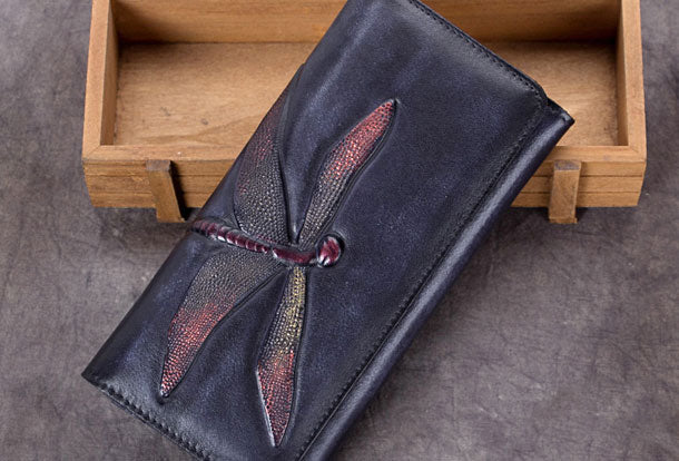 Genuine Leather Wallet Long Dragonfly Wallet Purse For Men Women - EverHandmade