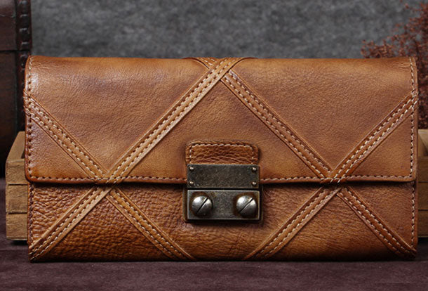Genuine Leather Wallet Folded Long Wallet Vintage Assorted Colors Wallet Purse Clutch For Women - EverHandmade