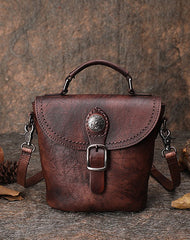 Vintage Leather Womens Bucket Green Shoulder Bag - Card Slots Detail