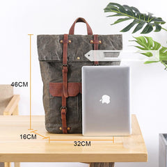Waxed Canvas Leather Mens 15‘’ Green Waterproof Backpack Khaki Travel Backpack Hiking Backpack for Men