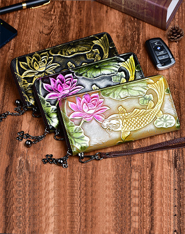 Womens Carp&Lotus Flower Leather Zip Around Wallet Wristlet Wallet Floral Ladies Zipper Clutch Wallet for Women