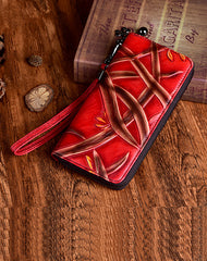 Handmade Bracketplant Red Leather Wristlet Wallet Womens Zip Around Wallets Flowers Ladies Zipper Clutch Wallet for Women