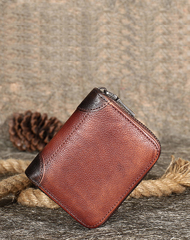 Coffee Small Leather Bifold Wallet Around Zip Billfold Cute Women Zipper Wallet For Ladies