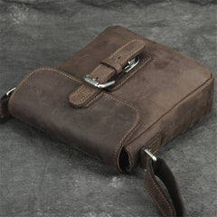 Badass Dark Brown Leather Men's 8 inches Small Side Bag Vertical Postman Messenger Bag For Men