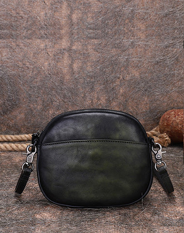 Vintage Small Leather Womens Round Green Shoulder Bag Handmade Around Crossbody Purse for Ladies