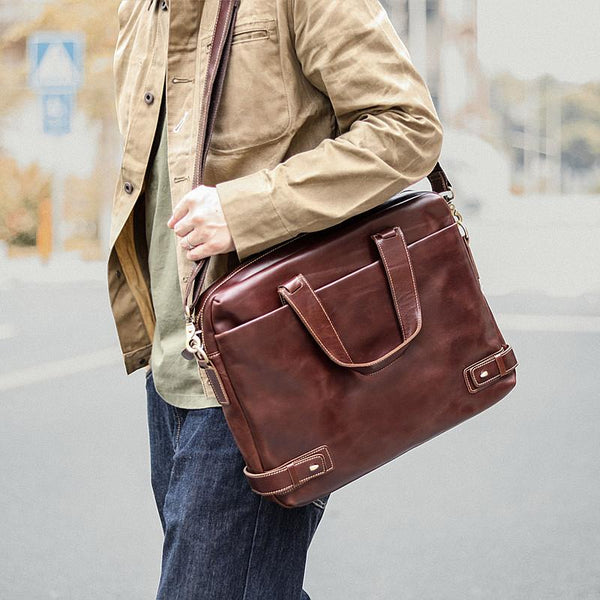Vintage Maroon Mens Leather Briefcase Work Handbag - Back View