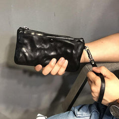 Fashion Black Leather Mens Long Wallet Brown Wristlet Wallet Phone Chain Wallet Clutch Men