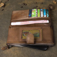 Brown Cool Leather Mens Long Wallet Phone Card Wallet Bifold Clutch Wallet for Men