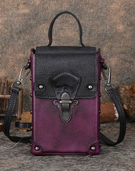 Red Brown Leather Womens Small Box Shoulder Bag Cube Small Handmade Handbag Purse for Ladies