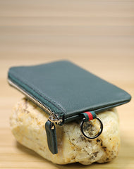 Slim Women Red Leather Mini Zip Wallet with Keychain Billfold Minimalist Coin Wallet Small Zip Change Wallet For Women