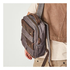 Waxed Canvas Leather Mens Backpack 14 inches Canvas Travel Backpack Canvas Computer Backpack for Men