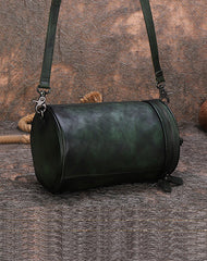 Vintage Leather Womens Barrel Shoulder Bag Bucket Crossbody Purse for Women