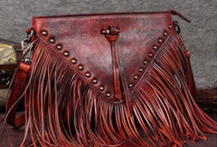 Genuine Leather Bag Vintage Rivet Tassel Bag Crossbody Bag Shoulder Bag Purse For Women - EverHandmade