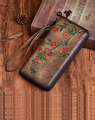 Handmade Womens Red Leather Plum Blossom Flowers Wristlet Wallet Zip Around Wallet Ladies Zipper Clutch Wallet for Women