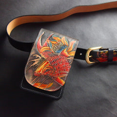 Tooled Carp Handmade Leather Mens Belt Pouch Waist Bag Belt Phone Bag Mobile Bag For Men