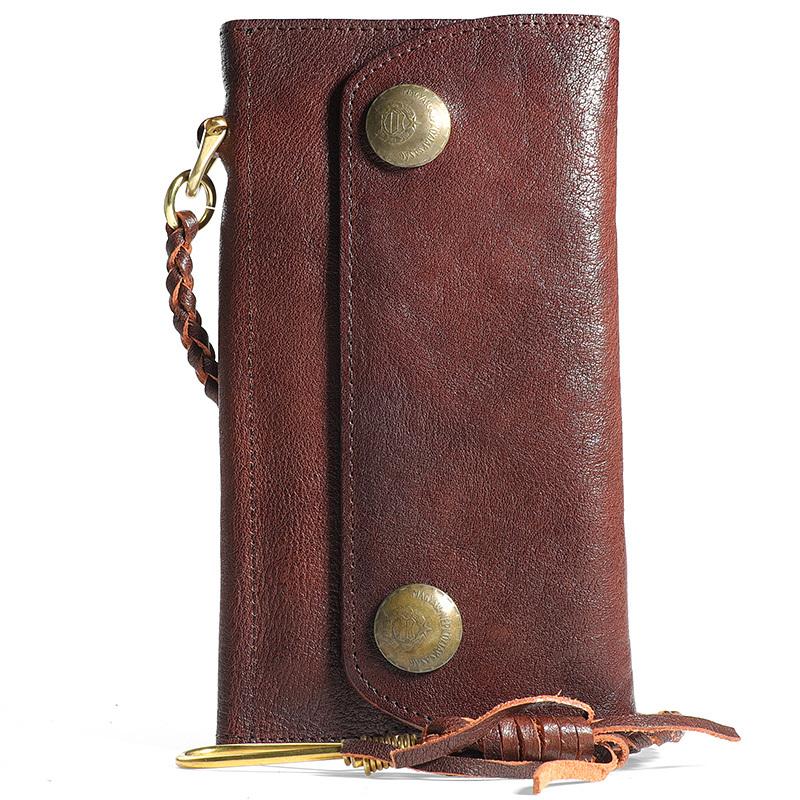 Cool Leather Mens Black Long Chain Wallet Brown Long Trifold Biker Wallet for Men