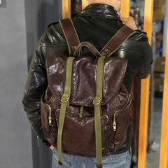Genuine Leather Mens Cool Backpack Large Coffee Travel Backpack Hiking Backpack for men