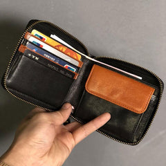 Genuine Leather Mens Cool Slim Zipper billfold wallet  Men Bifold Small Wallets for Men