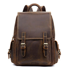 Casual Brown Mens Leather 14-inch Computer Backpacks Brown Travel Backpacks School Backpack for men