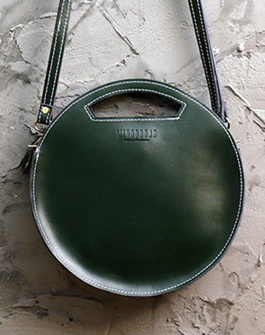 Cute Round LEATHER Handbag Green WOMEN Circle SHOULDER BAG Small Crossbody Purse FOR WOMEN