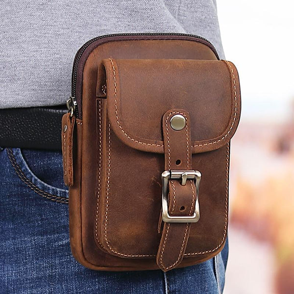 Brown Leather Cell Phone Holster Waist Pouches - Back View