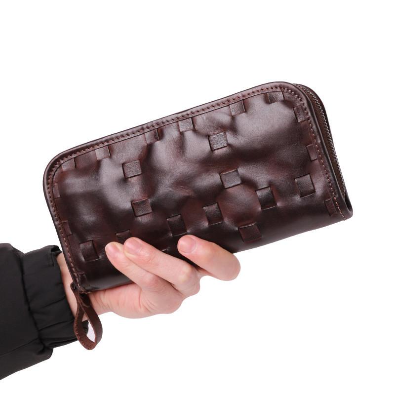Vintage Brown Leather Men's Clutch Long Wallet Zipper Black Wristlet Wallet For Men