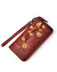 Womens Plum Blossom Flower Red Leather Zip Around Wallet Wristlet Wallet Flower Ladies Zipper Clutch Wallet for Women