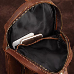 Cool Dark Brown Mens Leather One Shoulder Backpack Chest Bag Sling Bag For Mens