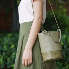 Cute Leather Green Womens Mini Bucket Purse Handbag Barrel Shoulder Bag for Women