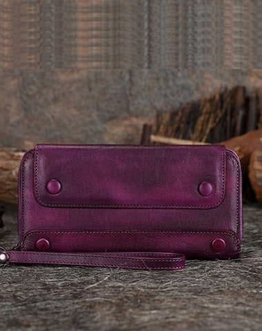Vintage Purple Leather Wristlet Wallets Womens Zip Around Wallet Ladies Bifold Clutch Wallet for Women