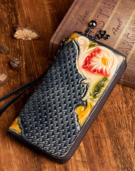 Handmade Flowers Leather Wristlet Wallet Womens Floral Zip Around Wallets Flowers Ladies Zipper Clutch Wallet for Women