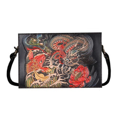 Handmade Black Tooled Dragon Carp Leather Messenger Bag Side Bag Clutch Wristlet Bag For Men