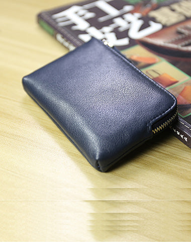 Cute Women Slim Navy Leather Mini Zip Coin Wallet Billfold Small Zip Change Wallet For Women