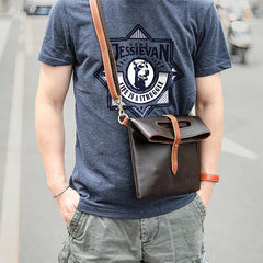 Dark Coffee  Leather Mens Casual Small Side Bags Messenger Bags Brown Postman Bag For Men