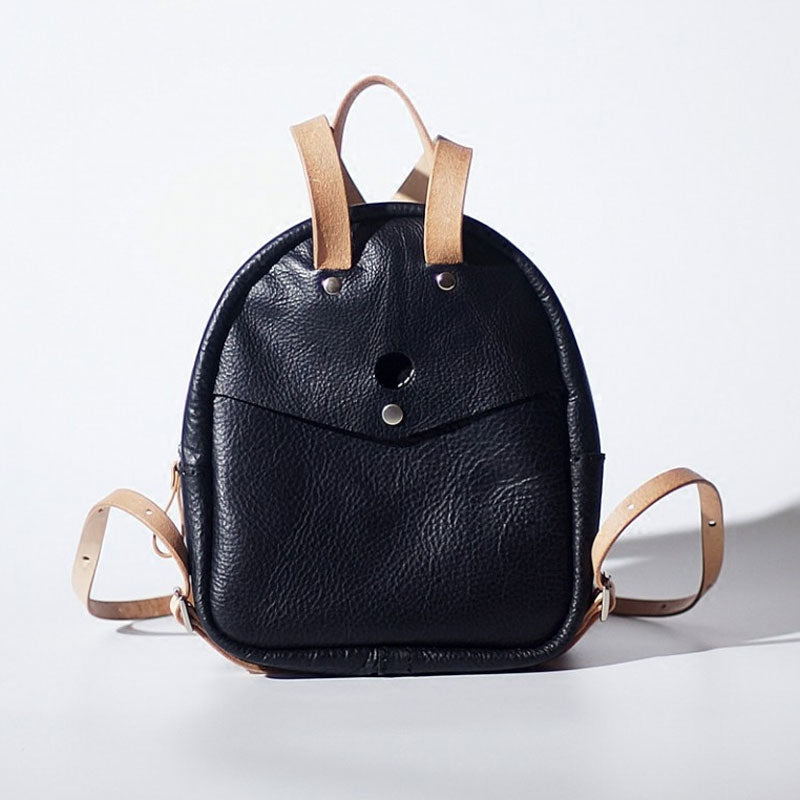 Handmade Women Mini Leather Black Backpack Cute Small Backpack for Women