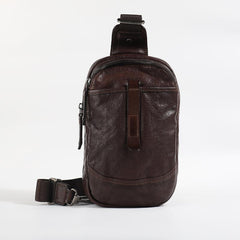 Casual Tan Leather Mens Chest Bag Sling Bag Coffee Crossbody Pack One Shoulder Backpack for Men