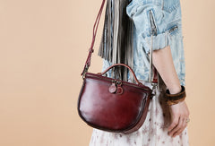 Handmade Genuine Leather Round Handbag Bag Crossbody Bag Shoulder Bag Purse For Women - EverHandmade