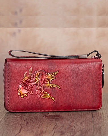 Goldfish Green Leather Wristlet Wallets Womens Zip Around Wallet Ladies Zipper C WW01991046