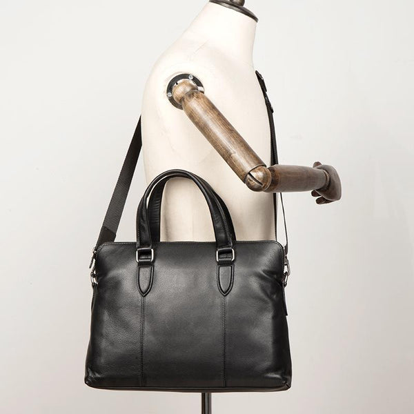 Black Leather Mens 13inches Briefcase Laptop Briefcase - Back View
