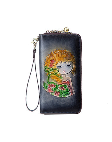 Womens Black Leather Zip Around Wallets Singing Girl Wristlet Wallets Flower Ladies Zipper Clutch Wallet for Women