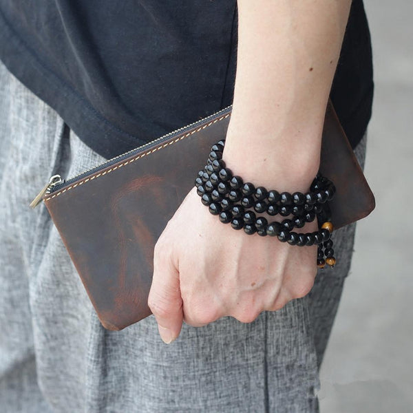 Vintage Dark Brown Leather Mens Phone Wallet - Back View