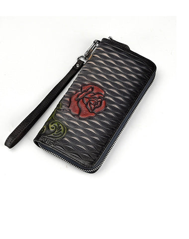 Womens Rose Flower Black Leather Zip Around Wallet Wristlet Wallet Flower Ladies Zipper Clutch Wallet for Women